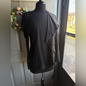 Nicole Miller black silk open long sleeve ruffle blouse, size medium
